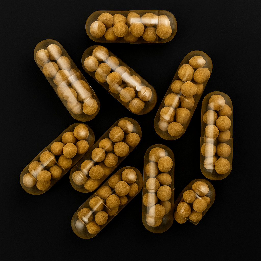 Close-up of aquarium root tab capsules filled with golden-brown nutrient pellets, neatly arranged on a matte black background with clear lighting and detail.