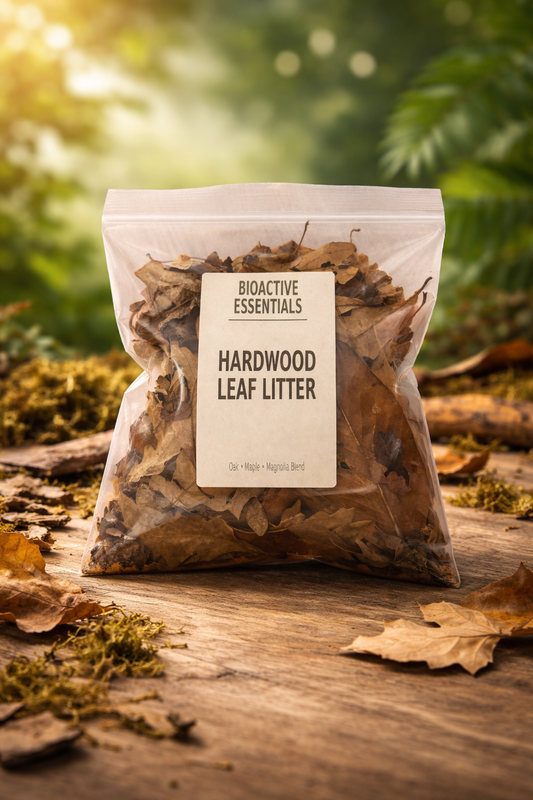 Bioactive Essentials hardwood leaf litter shown in natural forest-style setting
