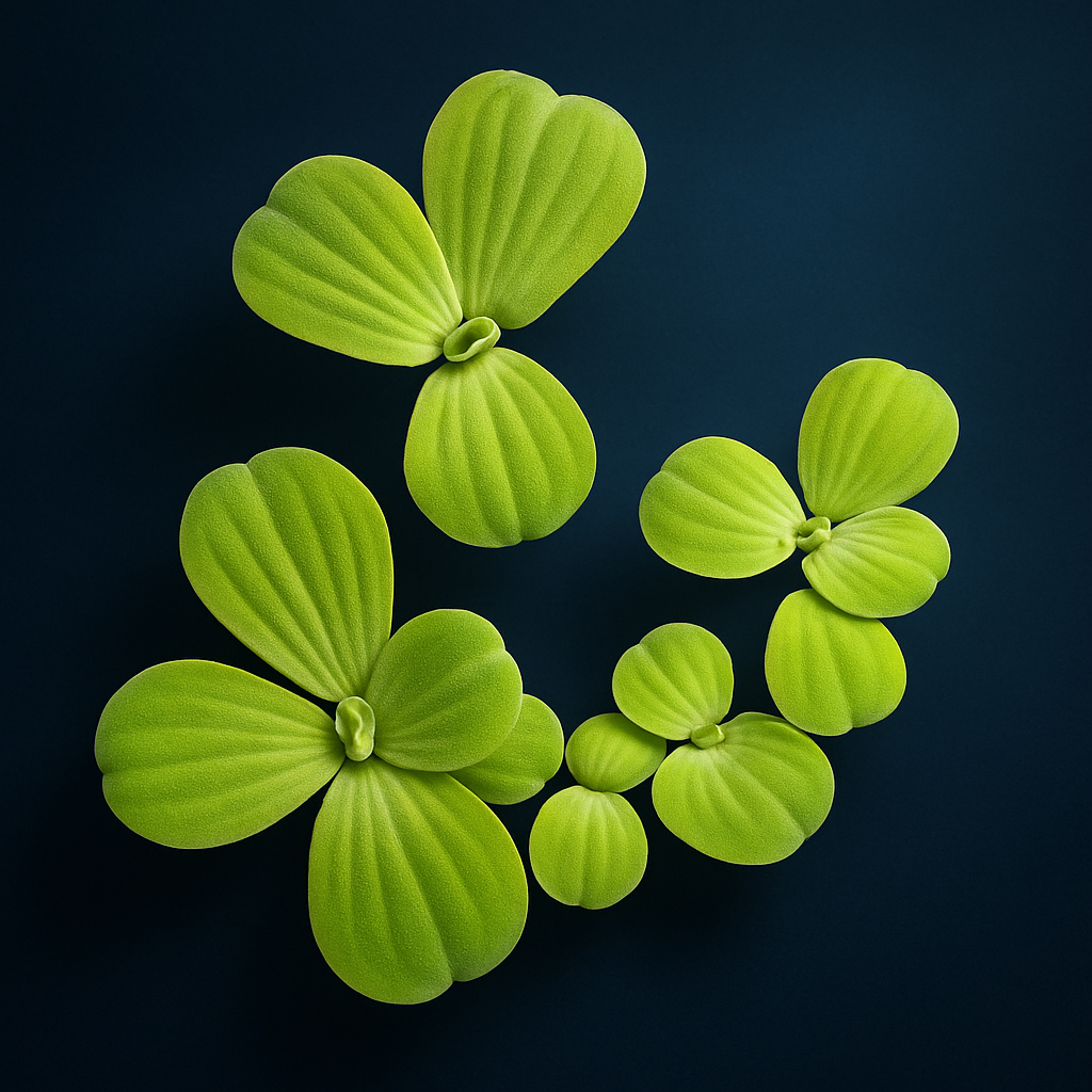 Close-up of five vibrant green water lettuce plants floating against a deep ocean blue background, with soft lighting highlighting the velvety leaf texture and natural veining.