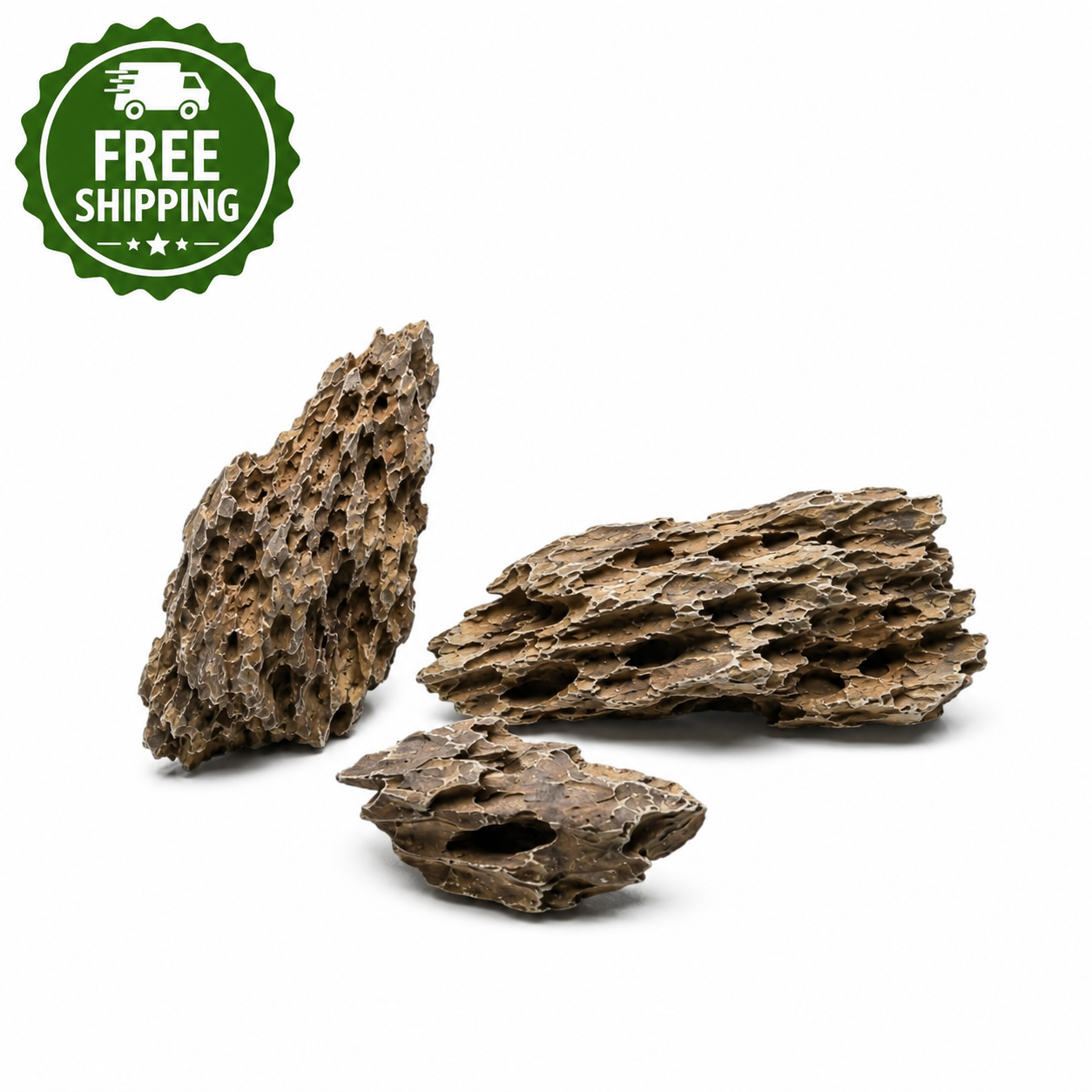 Three pieces of natural Dragon Stone aquascaping rock with porous textures on a white background, featuring a green Free Shipping badge.
