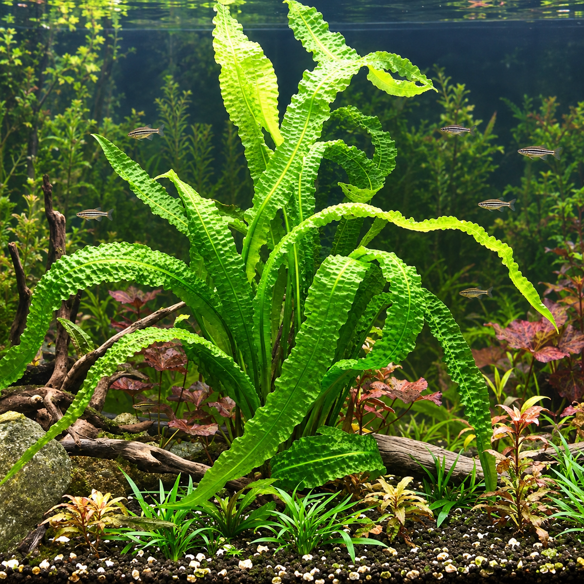 Mature Aponogeton boivinianus with long, deeply rippled green leaves growing in a planted freshwater aquarium.
