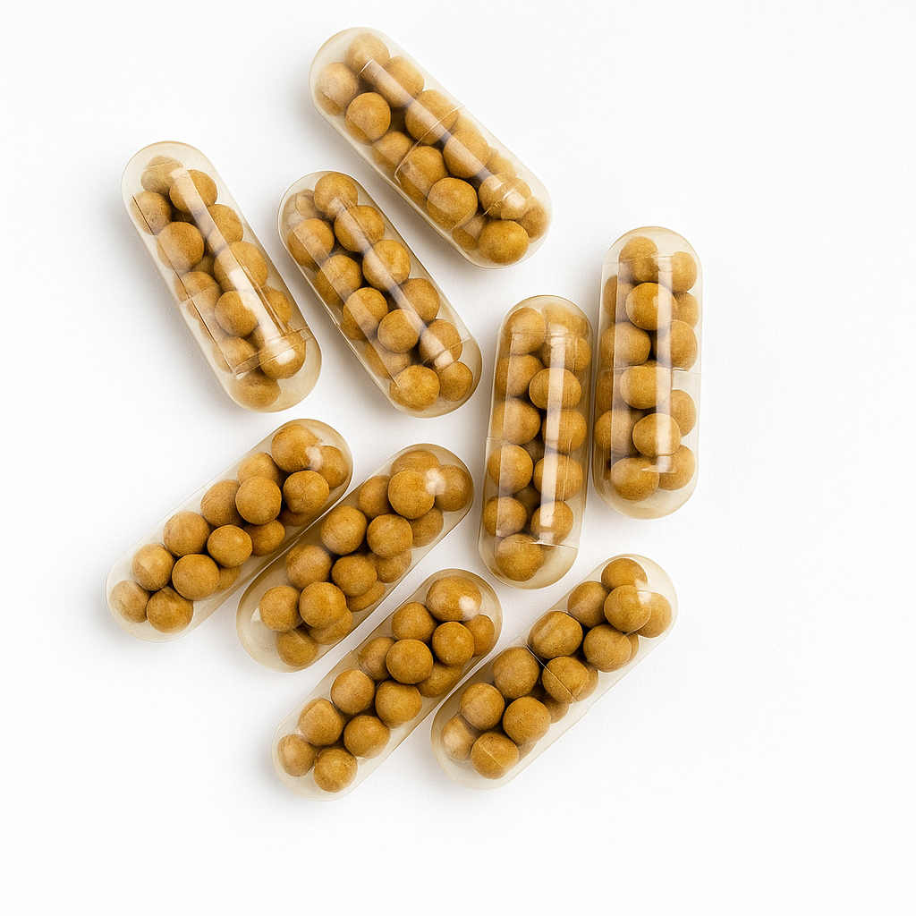 Close-up of aquarium root tab capsules filled with golden-brown nutrient pellets, neatly arranged on a matte black background with clear lighting and detail.