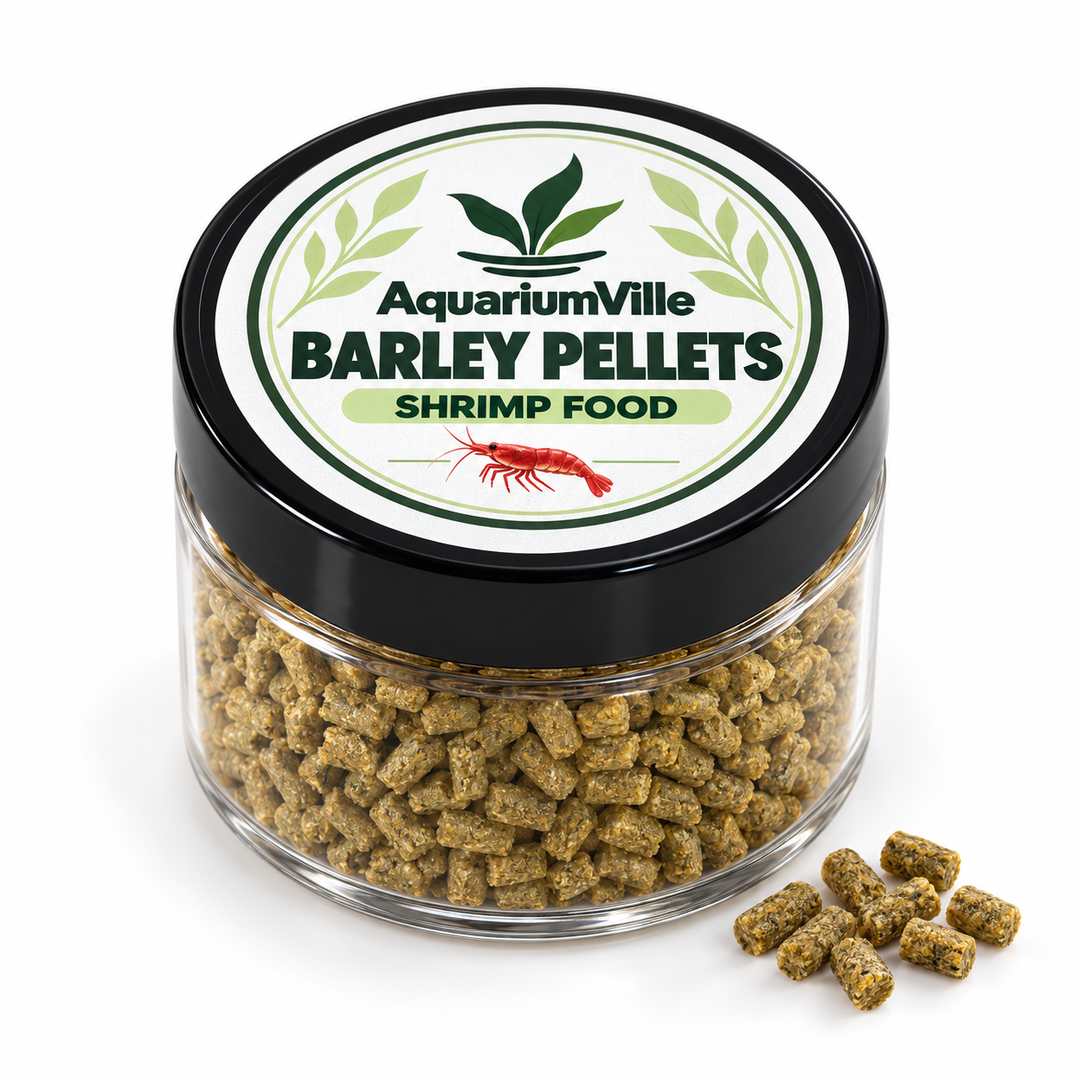     AquariumVille barley pellet shrimp food in a clear jar with a black lid and round branded label.