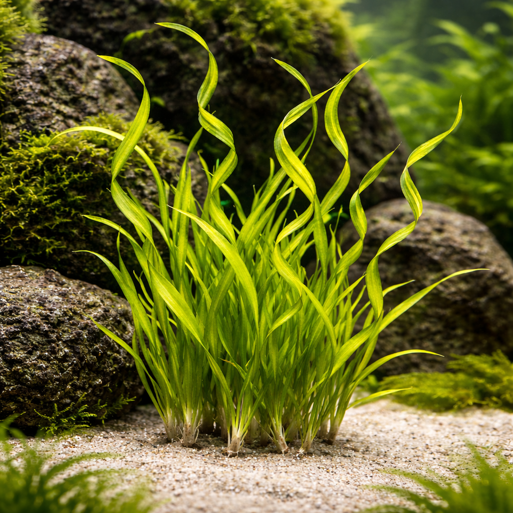Corkscrew Vallisneria live aquarium plant growing in substrate, tall spiral background plant with twisting green leaves in freshwater tank