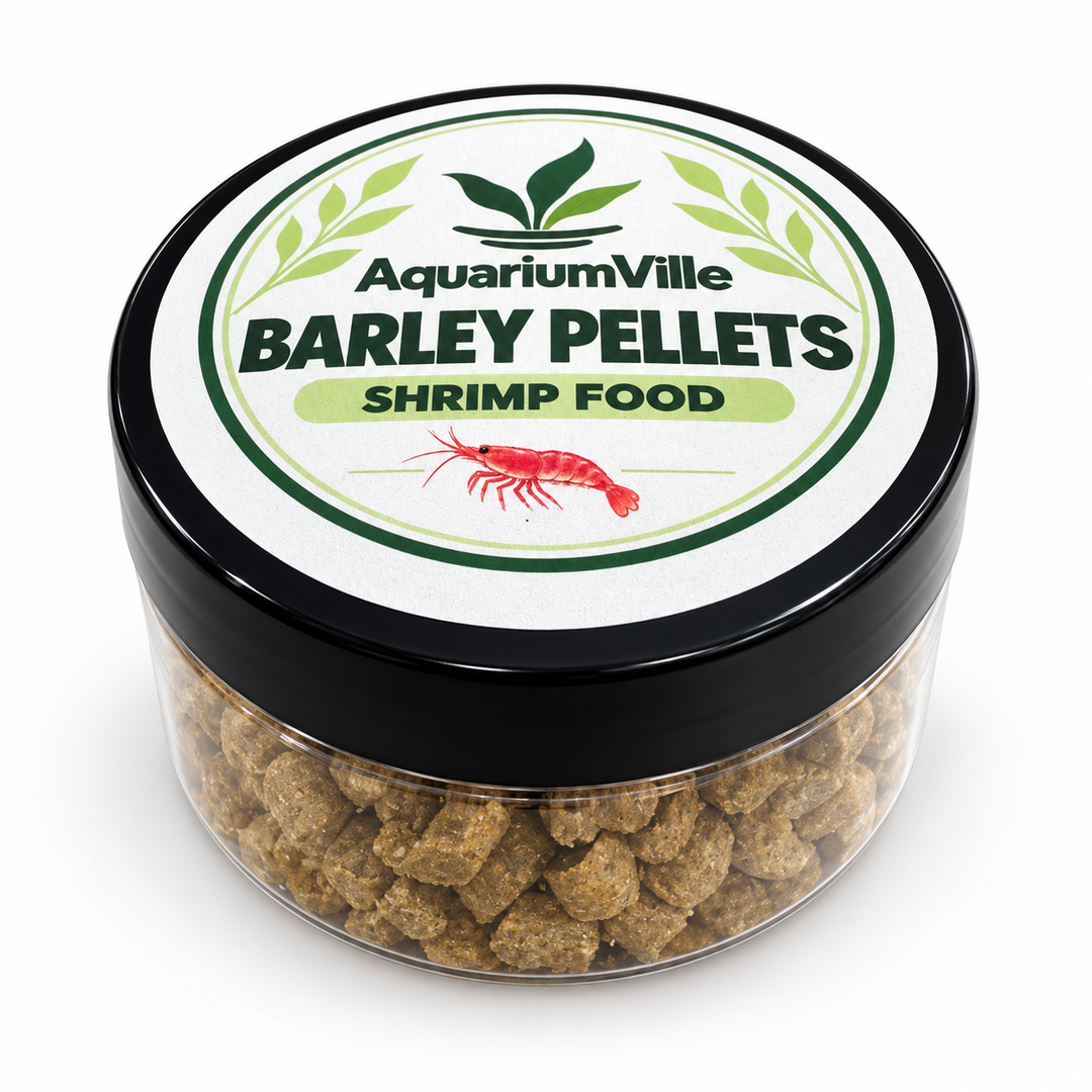    Close-up of a closed AquariumVille barley pellet shrimp food jar, showing the round lid label and pellets through the clear container.
