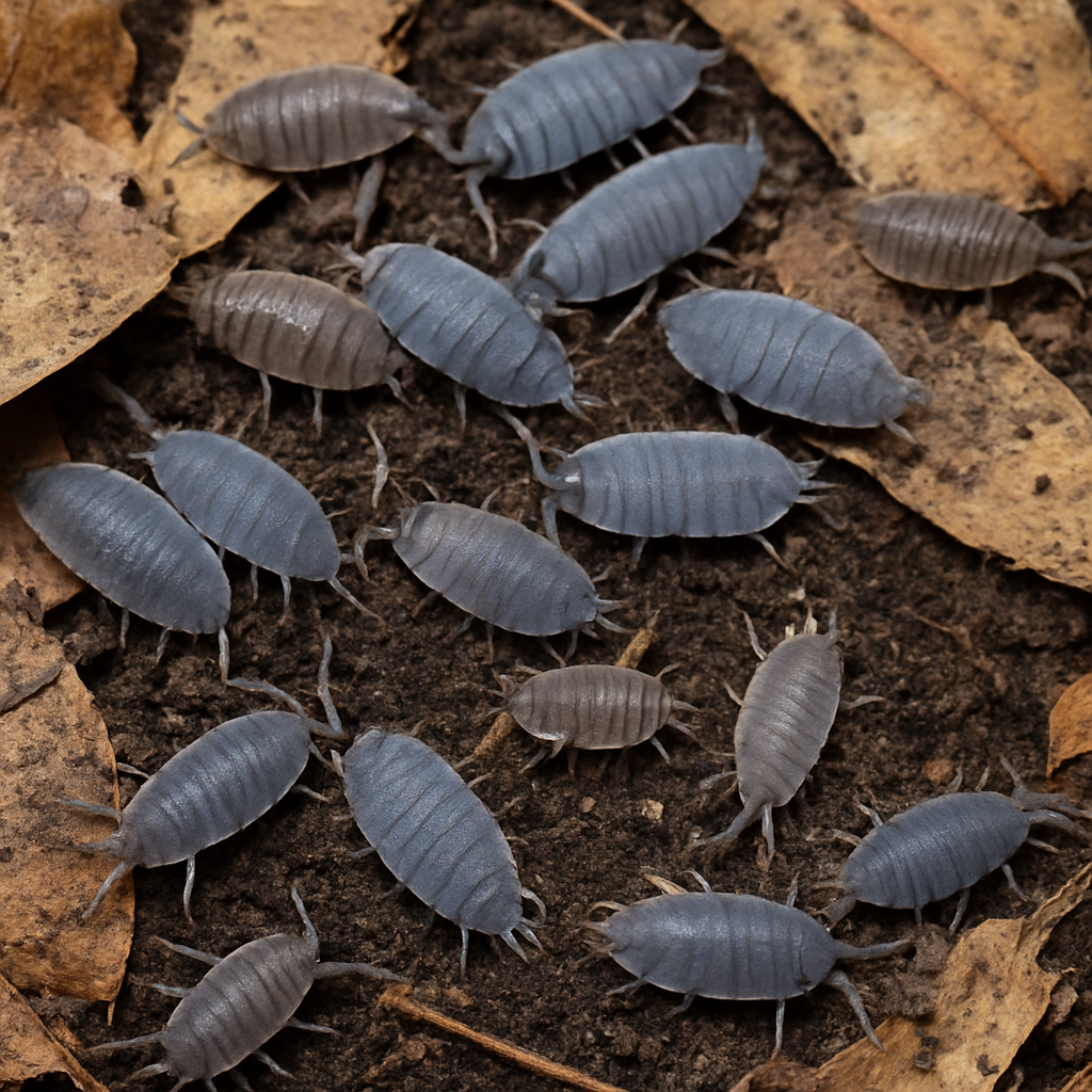 Porcellio pruinosus ‘Powder Blue’ isopods crawling on soft soil and leaf litter, showing their blue-gray coloration against a natural forest-floor background.