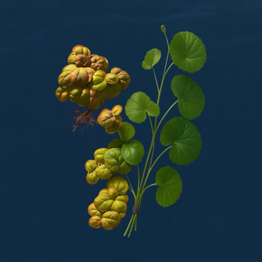 Red Root Floater and Pennywort aquarium plants displayed against an ocean blue background. On the left, clusters of Red Root Floater show round, textured leaves in shades of green, gold, and red with delicate reddish roots beneath. On the right, a bunch of Pennywort features bright green, coin-shaped leaves attached to long, slender stems held together with a dark band. Both plants are vibrant and ideal for adding natural contrast and texture to aquascapes.