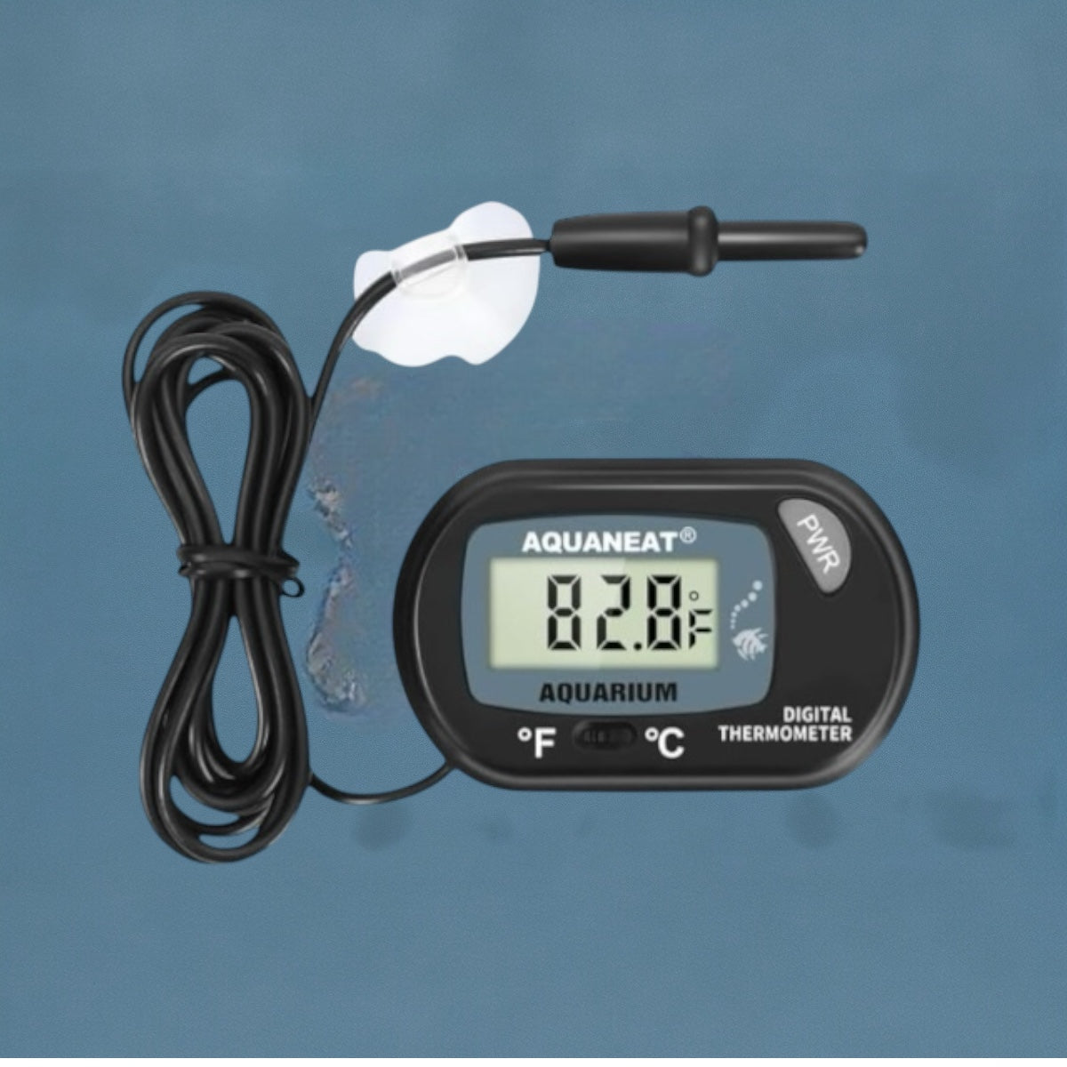 Digital aquarium thermometer displayed against an ocean blue background. The black Aquaneat thermometer shows a reading of 82.8°F on its LCD screen. It features a wired temperature probe with a suction cup for easy tank placement and buttons for switching between Fahrenheit and Celsius.