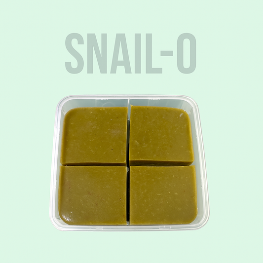 Square plastic container labeled “SNAIL-O” filled with greenish-brown gel food, neatly cut into four equal square portions, displayed on a soft mint green background.