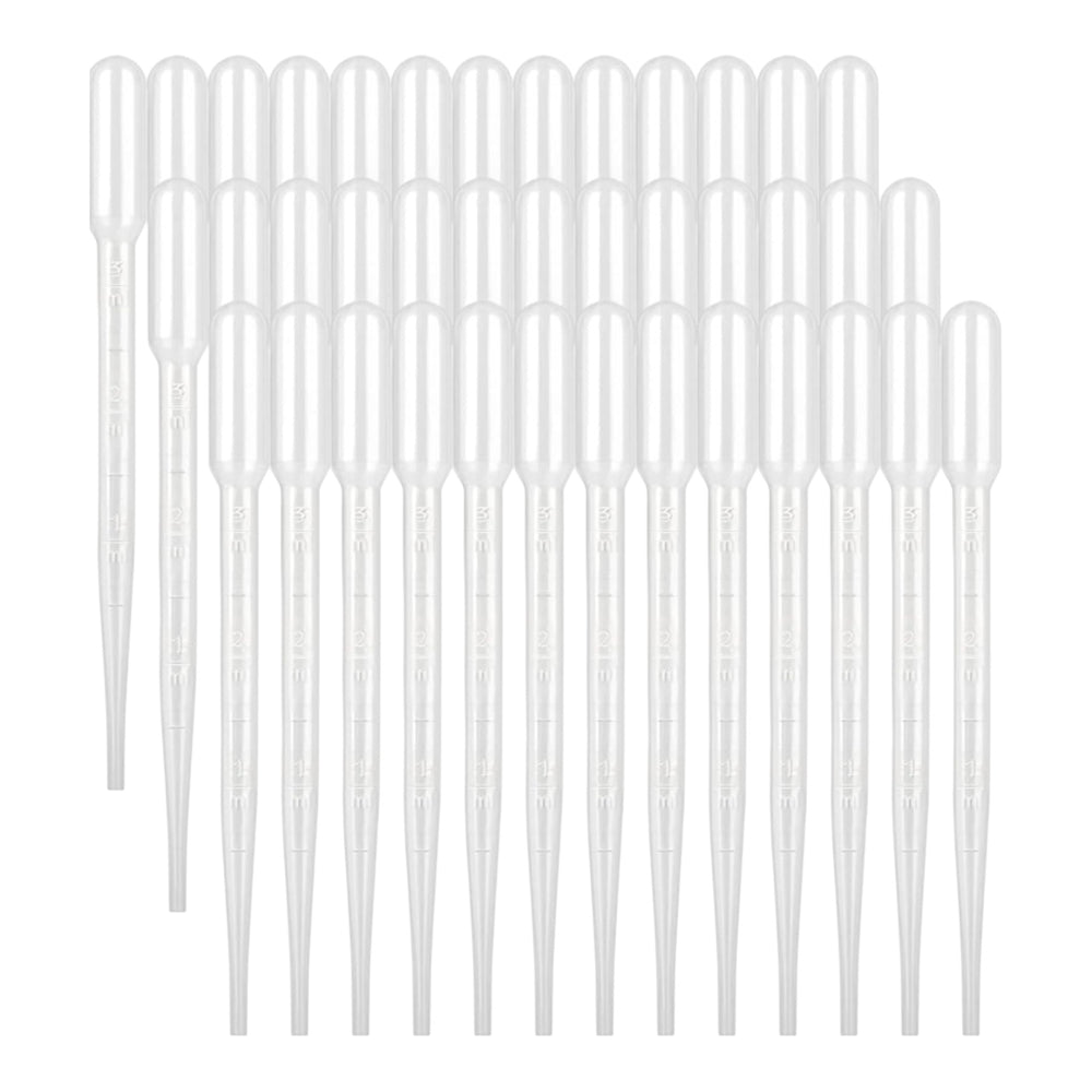 Set of 3 ml clear plastic graduated transfer pipettes arranged in rows, used for measuring and transferring liquids.