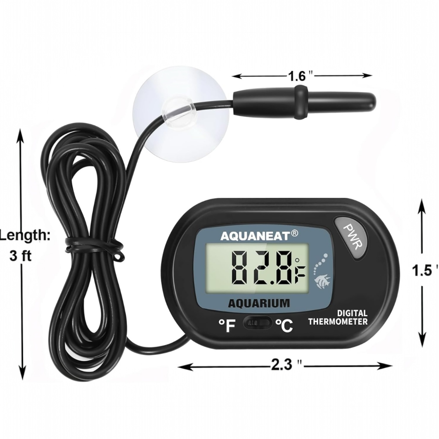 Digital aquarium thermometer with LCD display showing 82.8°F, labeled Aquaneat. Features a 3-foot cord with a 1.6-inch probe and suction cup, and compact display unit measuring 2.3 x 1.5 inches. Switches between Fahrenheit and Celsius.