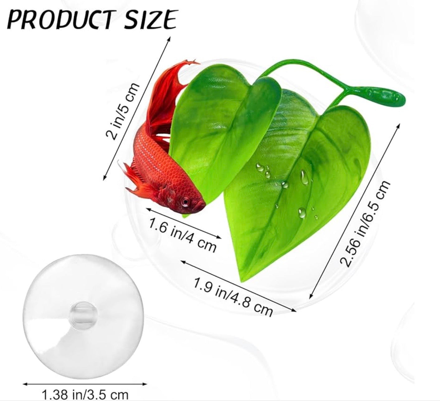 Betta leaf hammock product size chart showing leaf dimensions and suction cup measurements