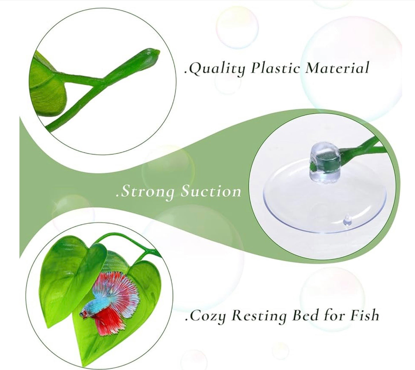 Betta leaf hammock features showing strong suction cup, flexible plastic stem, and cozy resting bed for fish