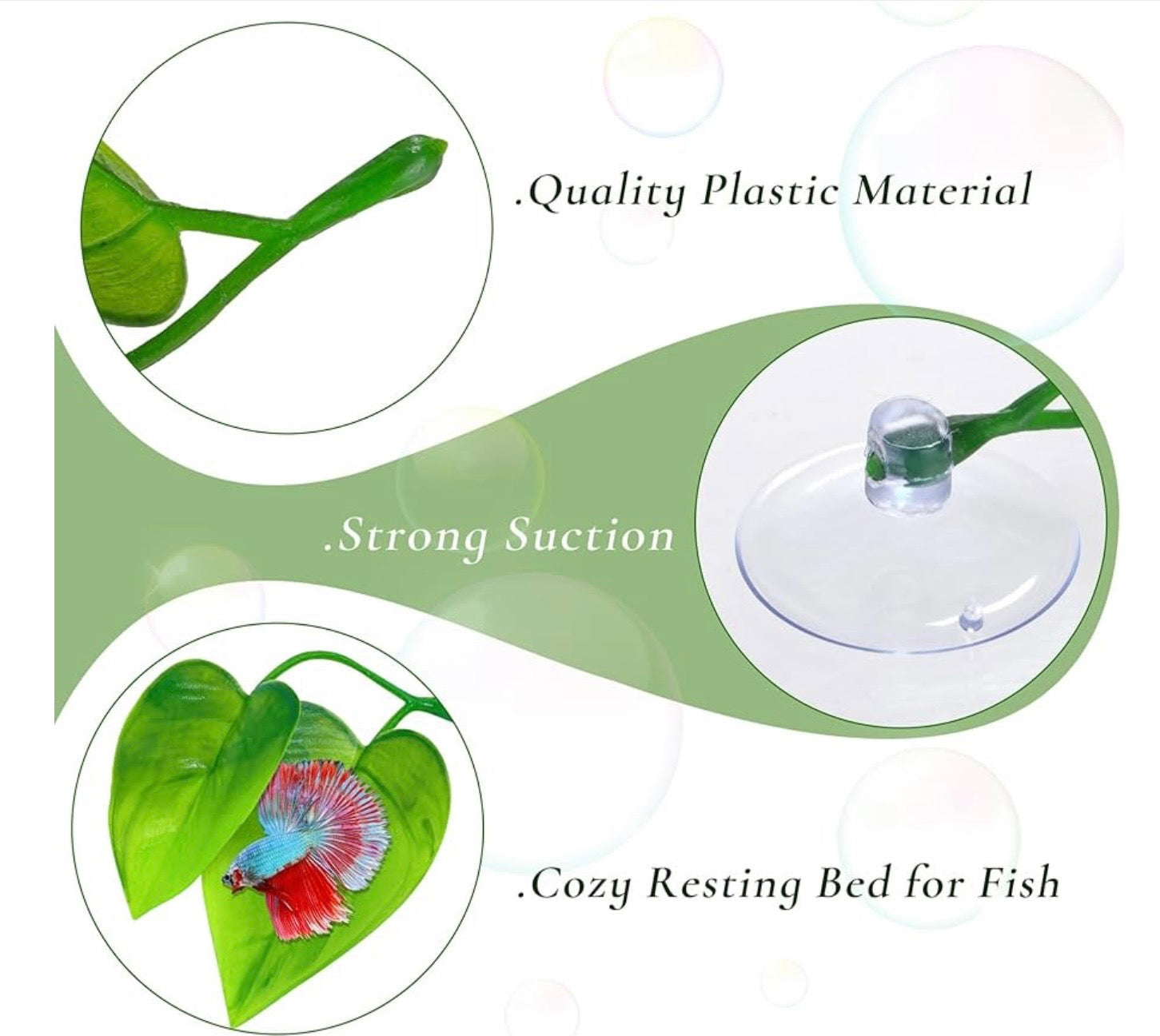 Betta leaf hammock features showing strong suction cup, flexible plastic stem, and cozy resting bed for fish
