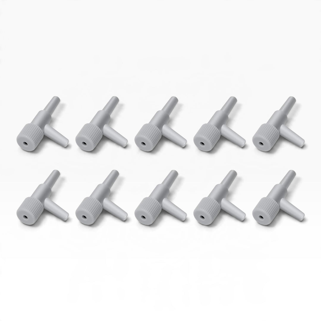     Ten white aquarium air flow control valves arranged in two rows on a white background.