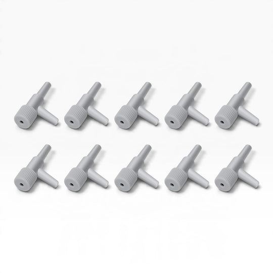     Ten white aquarium air flow control valves arranged in two rows on a white background.
