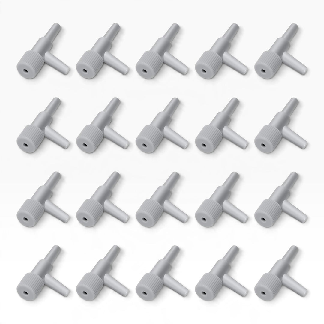 Twenty white aquarium air flow control valves arranged in four rows on a white background.