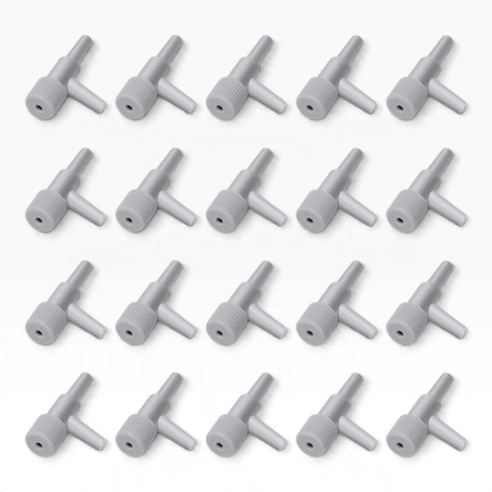 Twenty white aquarium air flow control valves arranged in four rows on a white background.