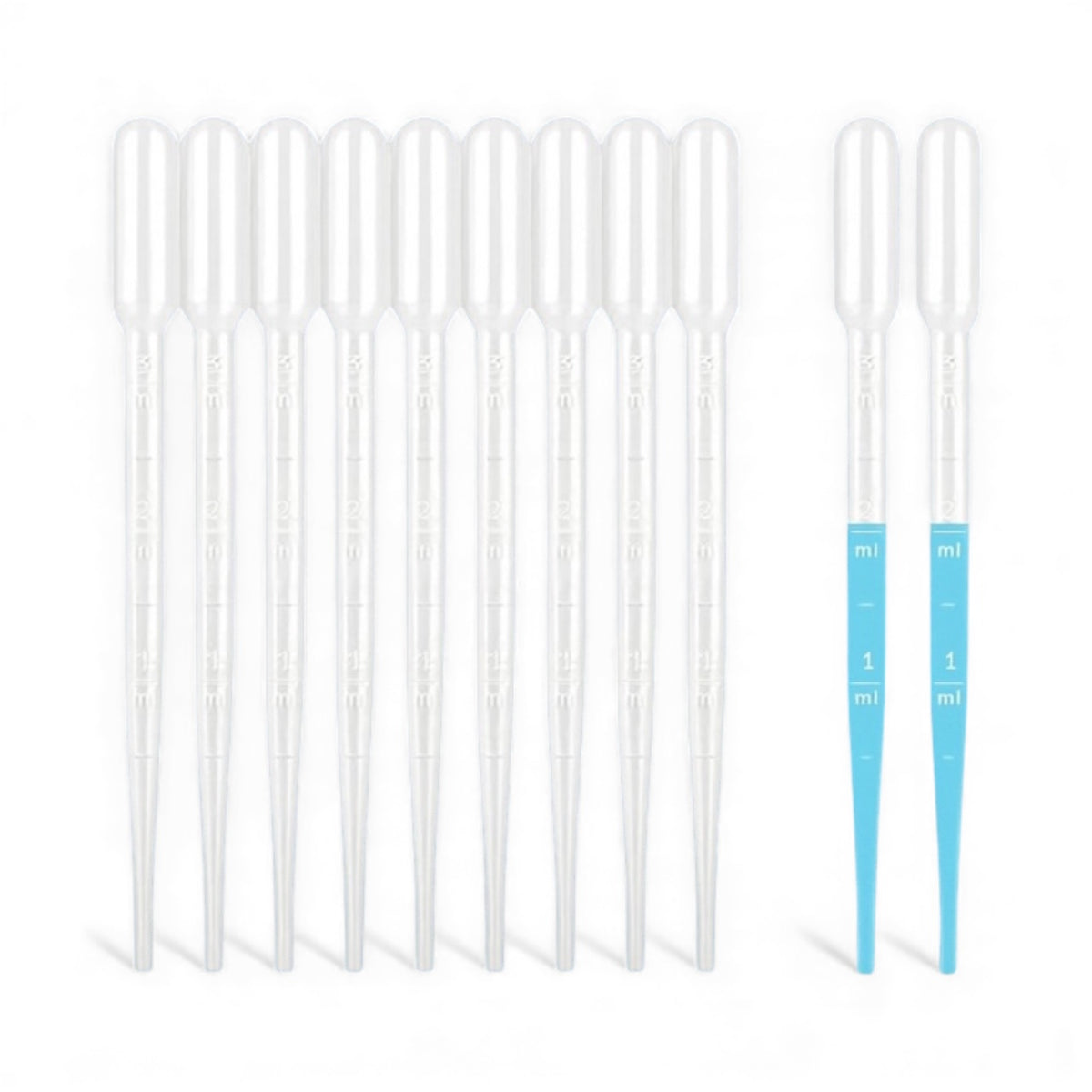 Set of plastic aquarium pipettes shown on a white background, including clear and blue 1 ml droppers used for feeding fish, dosing fertilizers, or spot cleaning tanks.