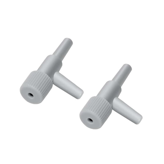 Gray plastic aquarium air control valves used for adjusting airflow in fish tanks, shown on a white background.