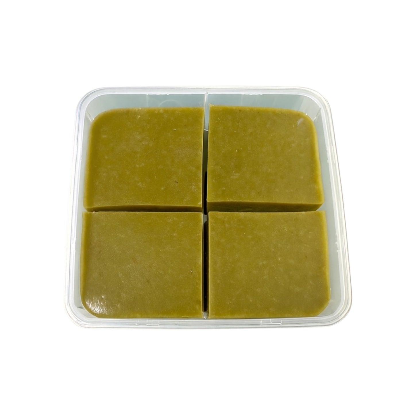 Homemade Snello snail food cubes in plastic container on white background, calcium-rich gel food for mystery snails, ramshorn snails, shrimp, and freshwater aquariums, easy break-apart snail pie feeding blocks