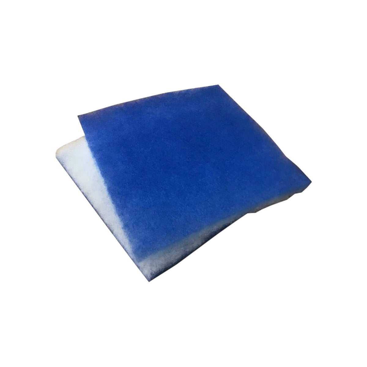 Blue and white dual-density aquarium filter floss pad with a coarse blue layer bonded to a fine white polishing layer, shown on a clean white background for aquarium filter media replacement.