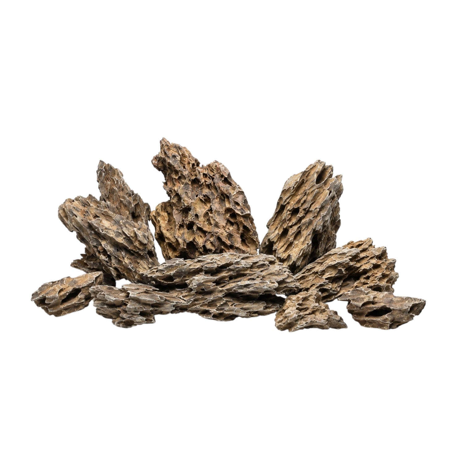 Assortment of natural Dragon Stone aquarium rocks with rugged layered textures and earthy brown tones, arranged on a white background.