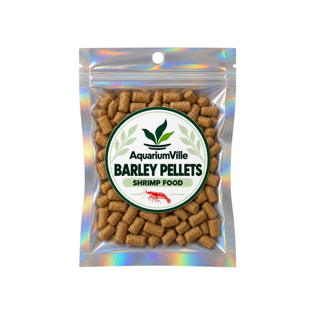 Silver resealable pouch filled with barley pellets, featuring a round AquariumVille “Barley Pellets Shrimp Food” label with a red shrimp illustration.