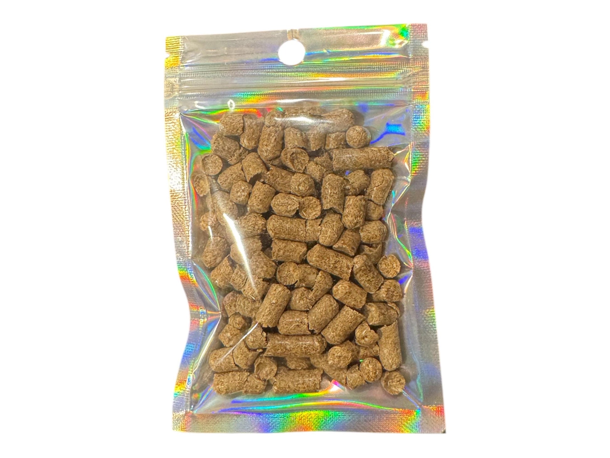 May include: A clear plastic bag with a silver iridescent finish contains a large quantity of neocaridina shrimp food, barley pellets.