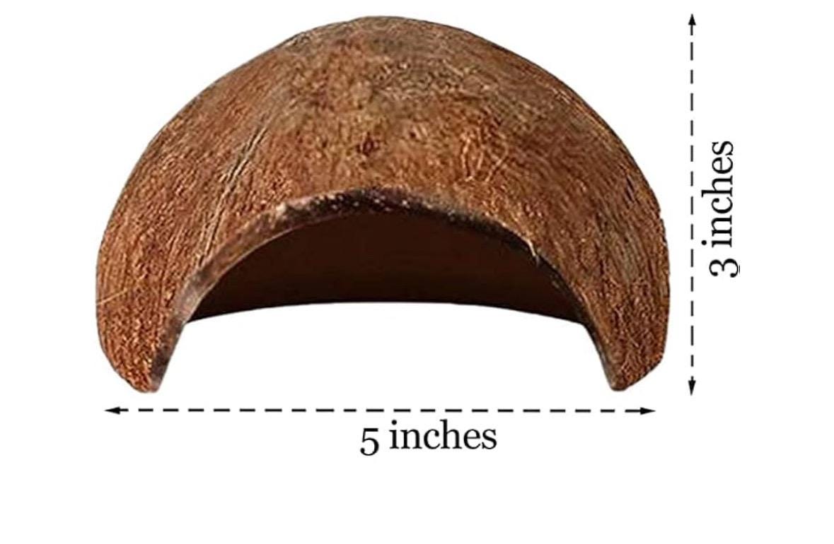 A brown coconut shell hide for small animals. The hide is 5 inches wide and 3 inches tall. It is made of natural coconut shell and has a rough texture.