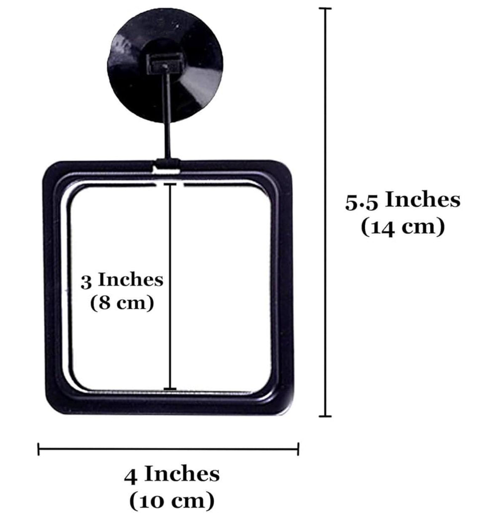 Black square aquarium feeding ring with suction cup and adjustable stem, showing measurements of 4 inches wide, 3 inches inner height, and 5.5 inches total height on a white background.