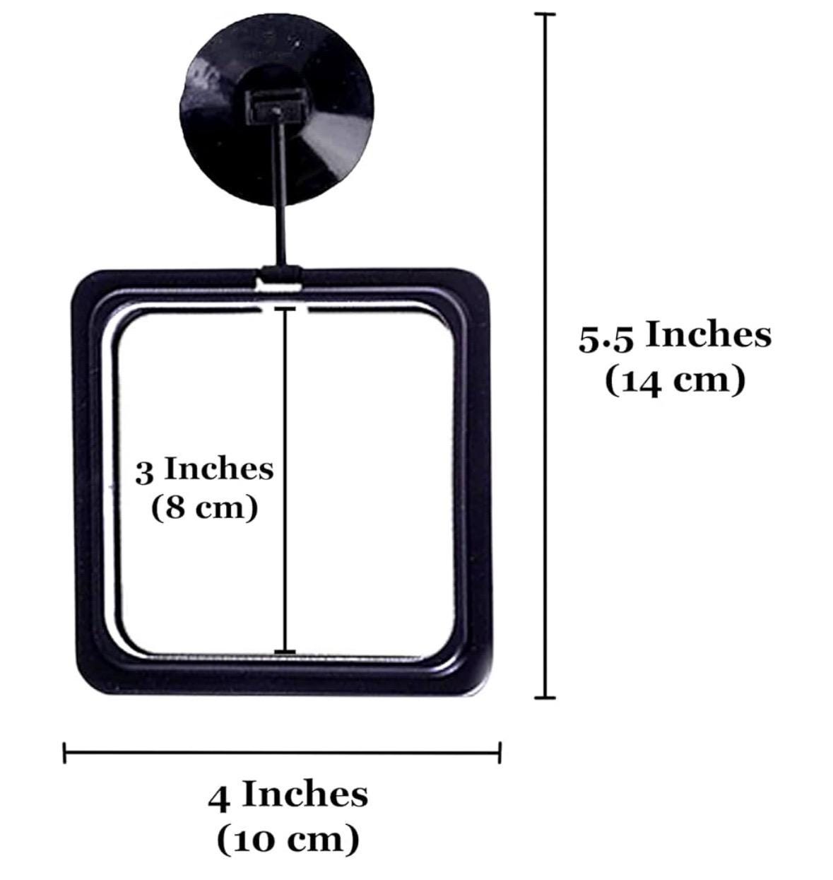 Black square aquarium feeding ring with suction cup and adjustable stem, showing measurements of 4 inches wide, 3 inches inner height, and 5.5 inches total height on a white background.