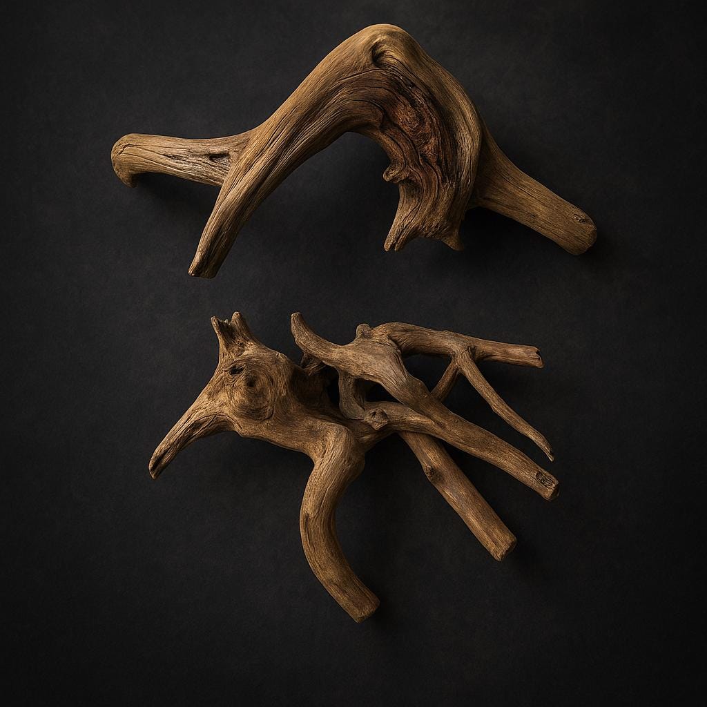 2 pieces of spider wood on black background