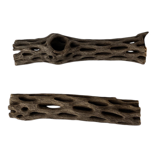 Two pieces of natural Cholla wood displayed on a light gray background, showing their hollow, textured surfaces with oval openings, ideal for aquarium or shrimp tank use.