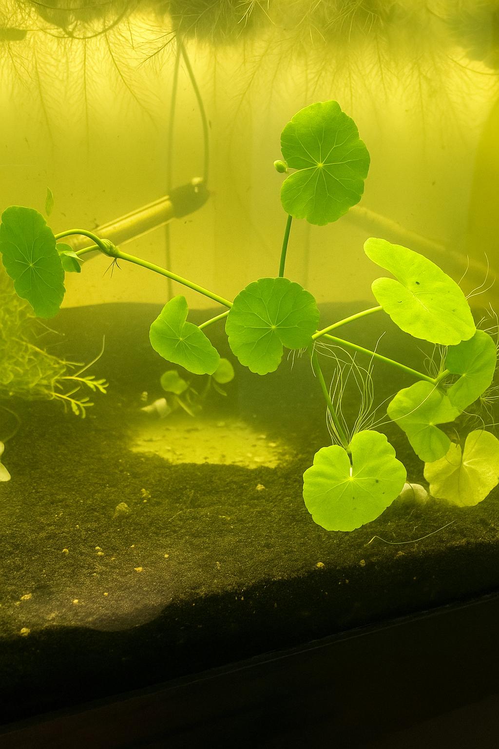 Hydroctyle pennywort live aquarium plant rooted in the substrate of an aquarium