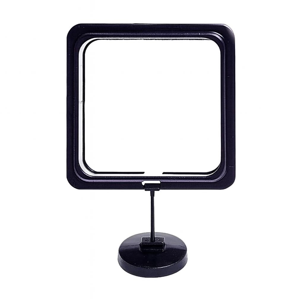 Black square aquarium feeding ring with adjustable stand, displayed on a white background, used to keep floating fish food contained and prevent tank mess.