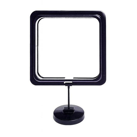 Black square aquarium feeding ring with adjustable stand, displayed on a white background, used to keep floating fish food contained and prevent tank mess.