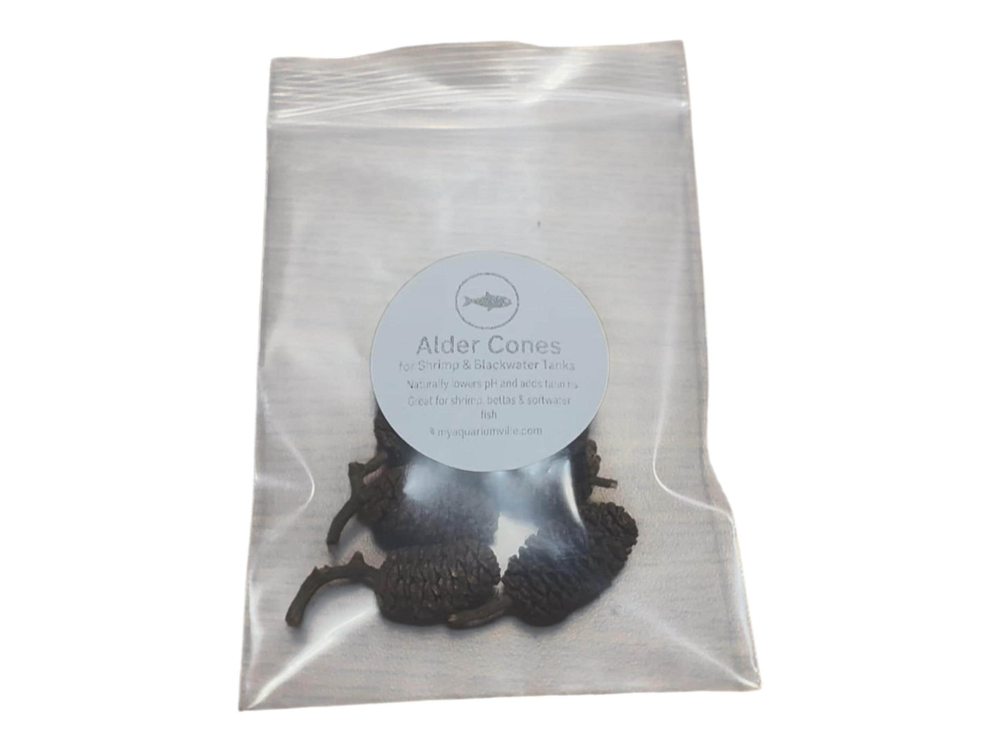 5 Alder cones in a bag with AquariumVille logo.