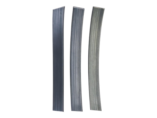 Three flexible lead aquarium plant weights, slightly curved and metallic gray in color, arranged vertically side by side on a white background.