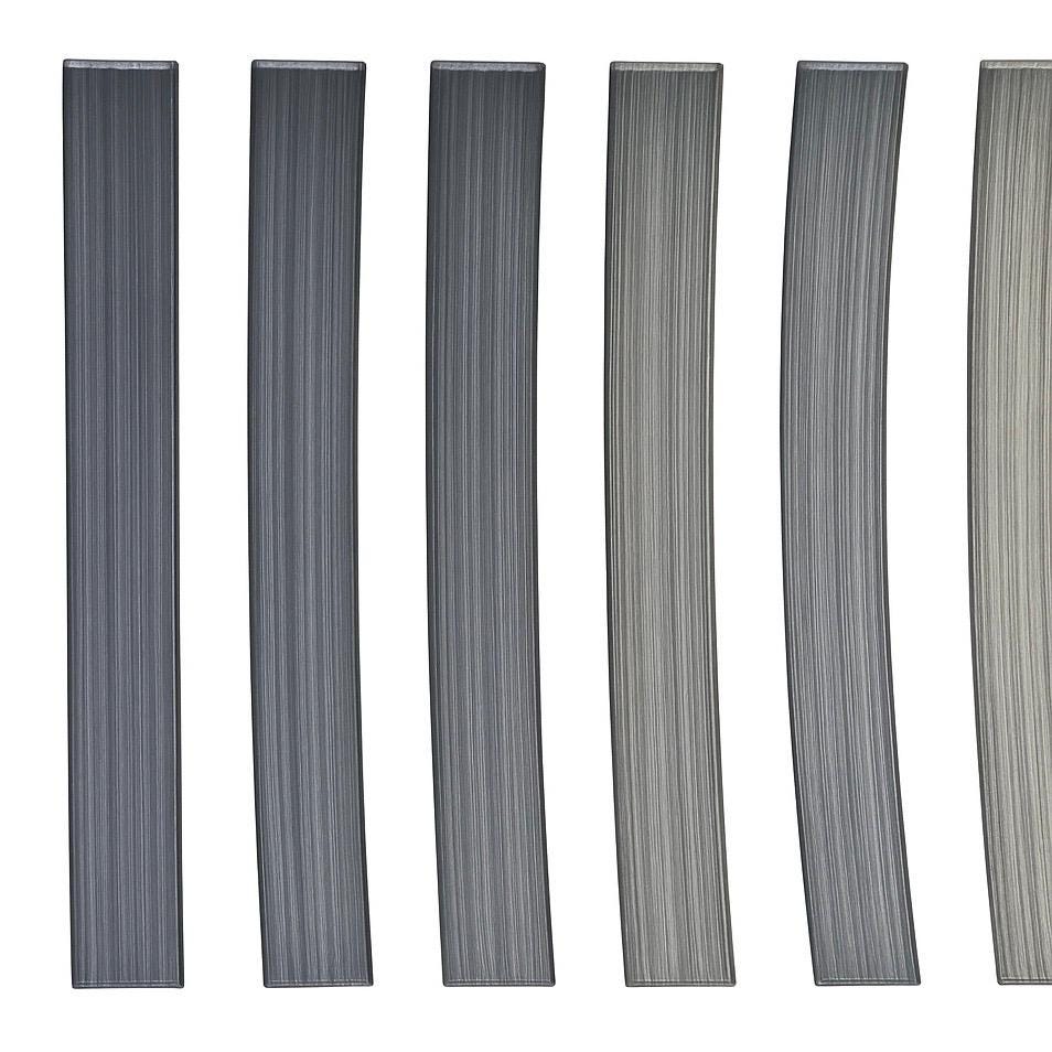Six flexible lead aquarium plant weights, slightly curved with a metallic gray finish, arranged vertically side by side on a white background.