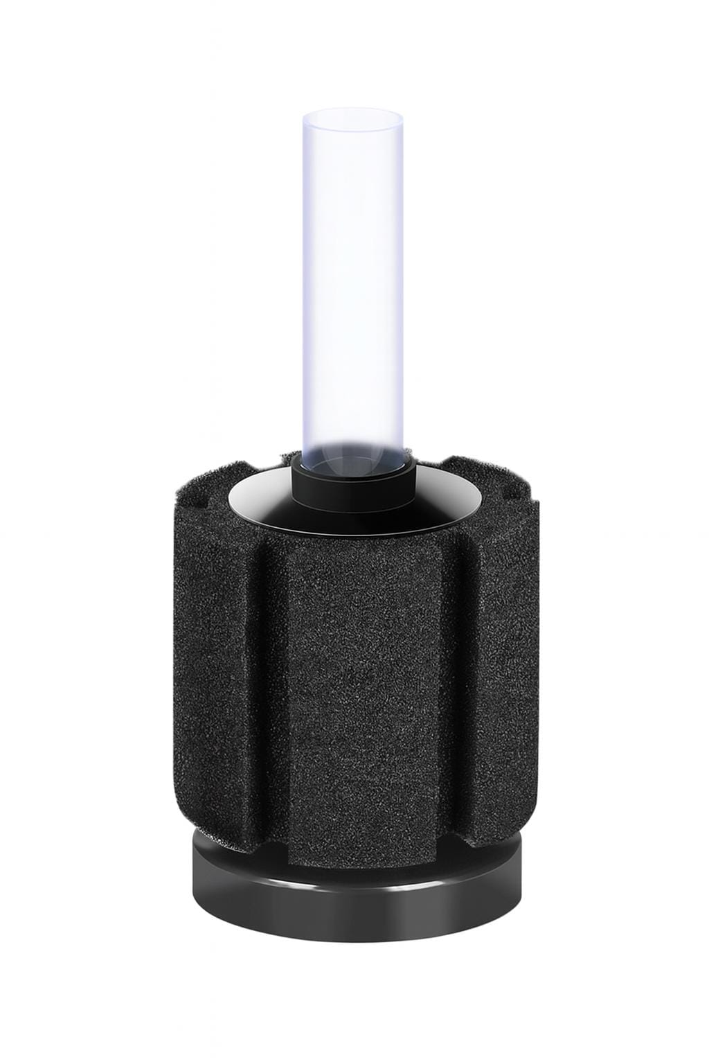 Single cylindrical aquarium sponge filter with a black foam body, round black plastic base, and clear plastic uplift tube, isolated on a white background.
