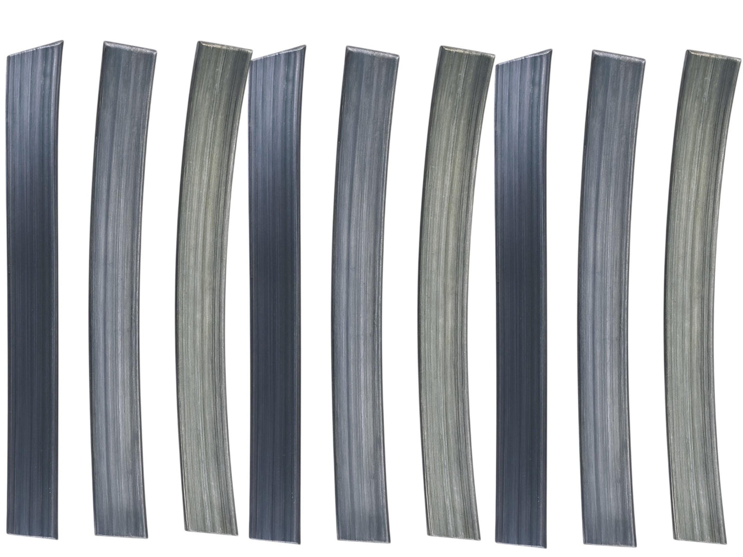 Nine flexible lead aquarium plant weights, slightly curved with a brushed metallic gray finish, arranged vertically in a row on a white background.