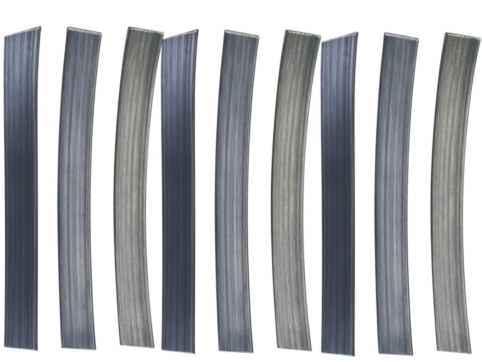 Nine flexible lead aquarium plant weights, slightly curved with a brushed metallic gray finish, arranged vertically in a row on a white background.