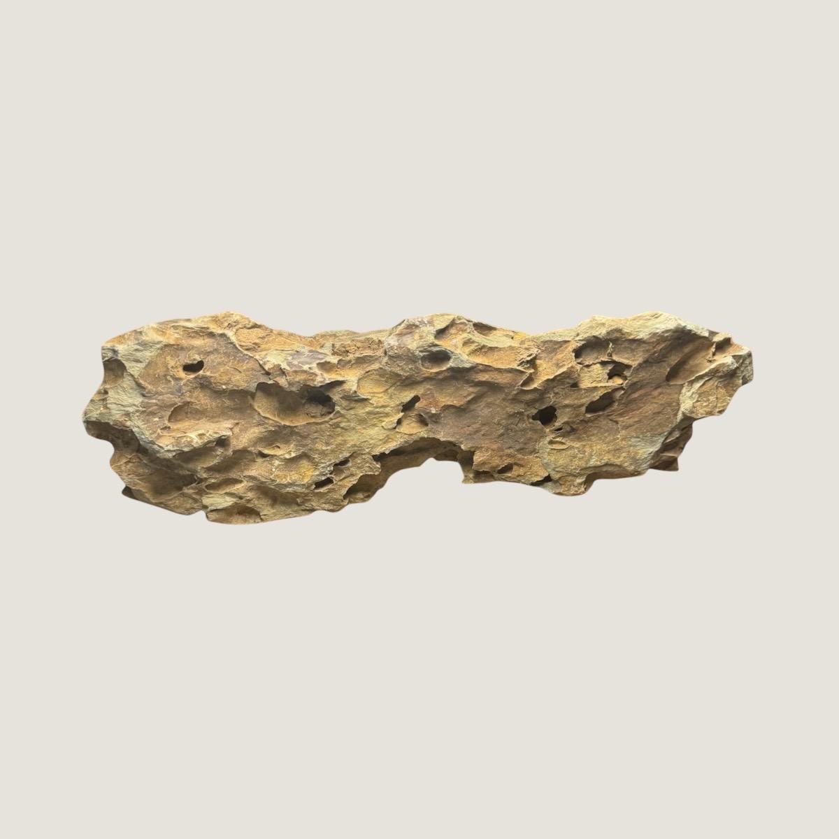Single piece of Dragon Stone (Ohko Stone) displayed on a neutral beige background, showing natural tan and brown tones with detailed crevices and holes — commonly used in freshwater aquascaping for creating caves, textures, and natural aquarium landscapes.