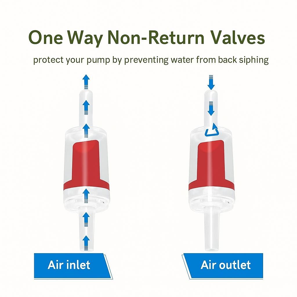 Aquarium air pump one-way check valve diagram showing correct air inlet and outlet directions with blue arrows, labeled to prevent back siphoning and protect the pump — features red internal seal on white background.