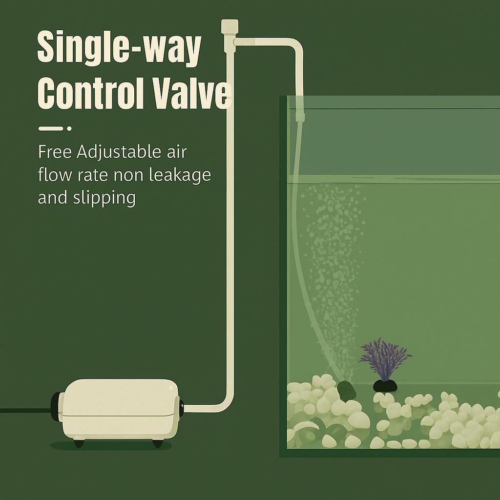 Aquarium single-way control valve setup diagram showing air pump connected to airline tubing and valve leading into a fish tank with bubbling air stone. Text reads ‘Single-way Control Valve – Free adjustable airflow rate, non-leakage, and anti-slip design,’ displayed in AquariumVille’s olive green and beige brand colors.