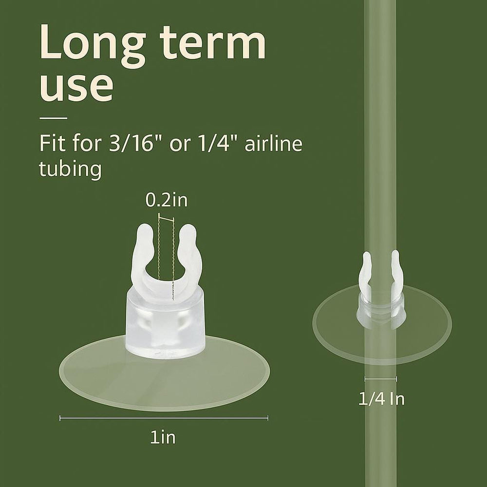 Clear aquarium suction cup clips for airline tubing shown on olive green background, labeled with measurements 1 inch base, 0.2 inch clip opening, and fits 3/16 inch or 1/4 inch tubing — designed for long-term aquarium use.