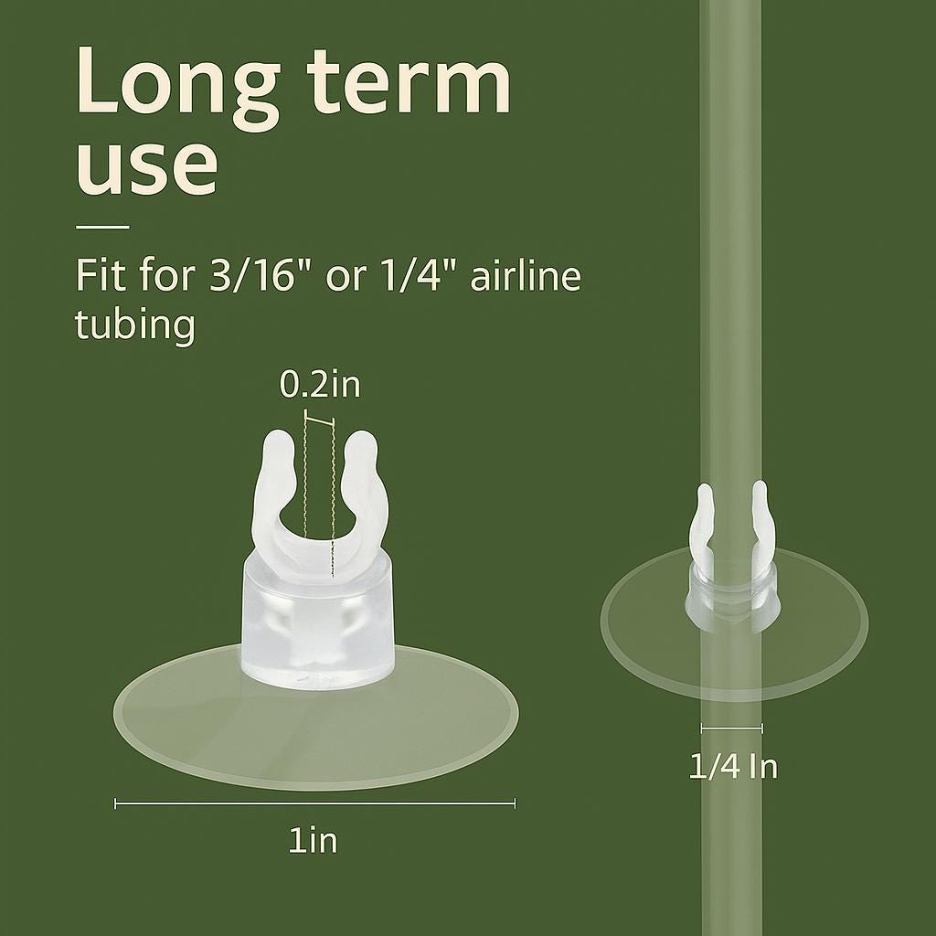 Clear aquarium suction cup clips for airline tubing shown on olive green background, labeled with measurements 1 inch base, 0.2 inch clip opening, and fits 3/16 inch or 1/4 inch tubing — designed for long-term aquarium use.