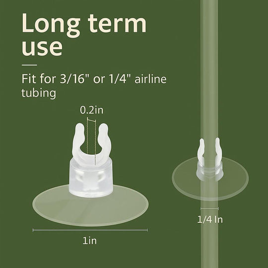 Clear aquarium suction cup clips for airline tubing shown on olive green background, labeled with measurements 1 inch base, 0.2 inch clip opening, and fits 3/16 inch or 1/4 inch tubing — designed for long-term aquarium use.