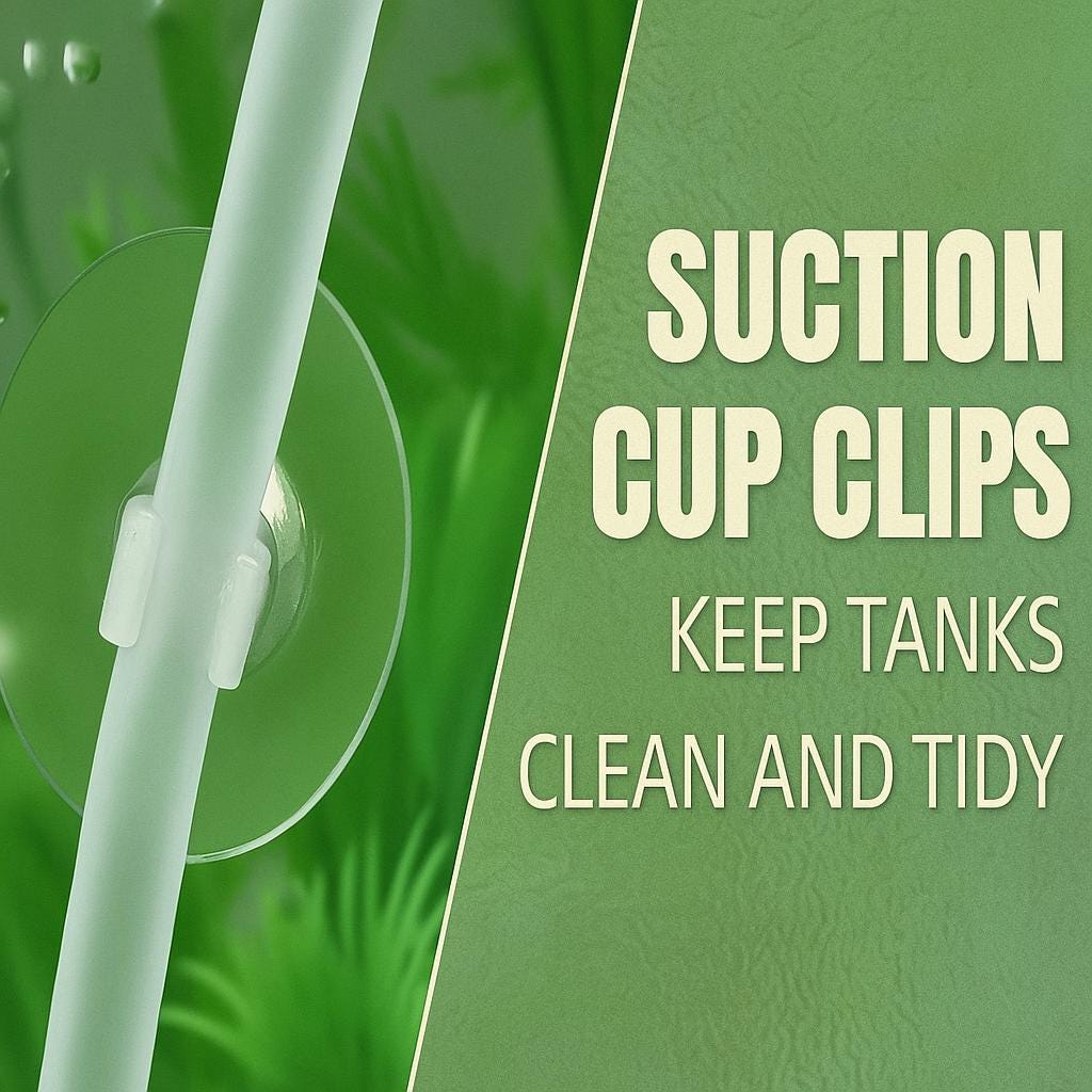 Close-up of aquarium suction cup clip securing airline tubing to tank glass with green plants in background, alongside beige text reading ‘Suction Cup Clips – Keep Tanks Clean and Tidy’ on olive green brand background